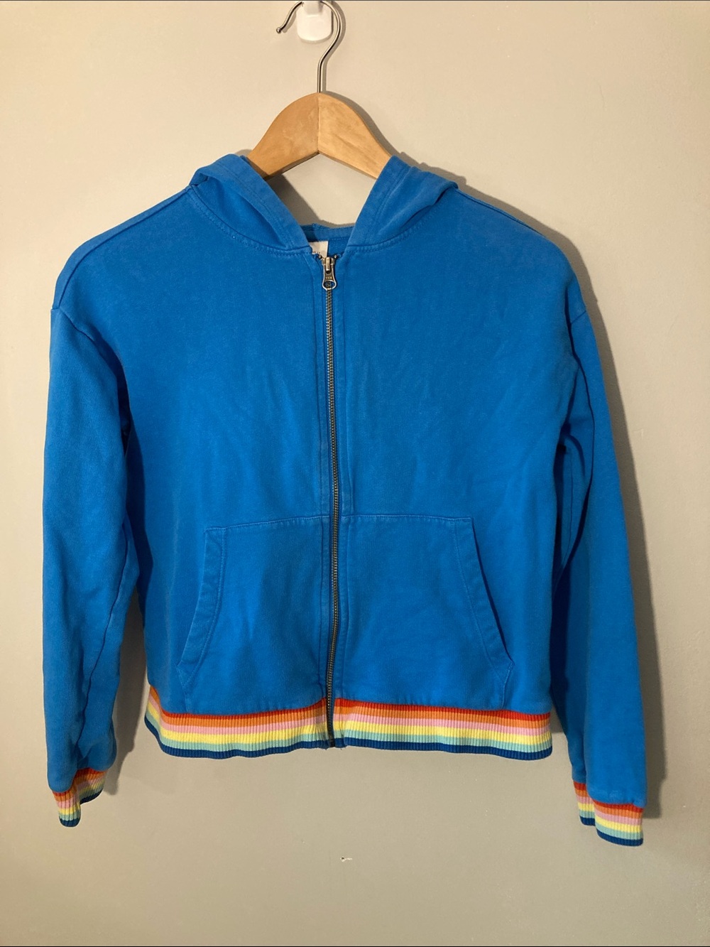 Hanna Andersson Blue Zip Hoodie with Rainbow Trim